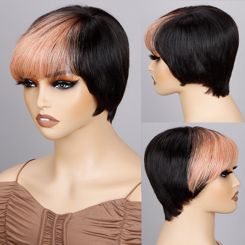 Custom Light Orange Pink Wig Short Straight Edgy Pixie Haircut With Two-Toned Layers Human Hair Wear And Go Glueless Wig-sides show