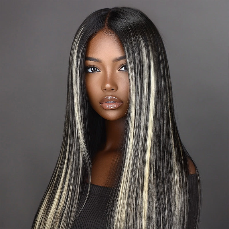 Soul Lady Ashy Blonde Peekaboo Highlight Wig Long Glueless Straight Human Hair Wigs 6x4 Pre Cut HD Lace Wig-model