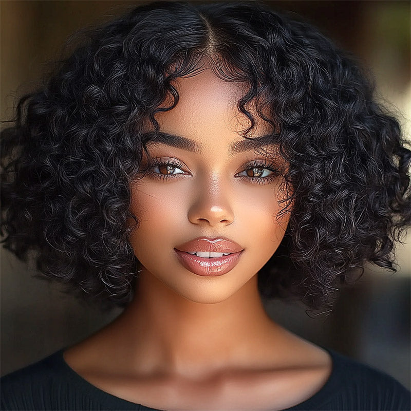 Soul Lady Short Bouncy Curly Bob With Side Bangs 4x4/13x4 HD Lace Human Hair Wigs Wear And Go Wig-model