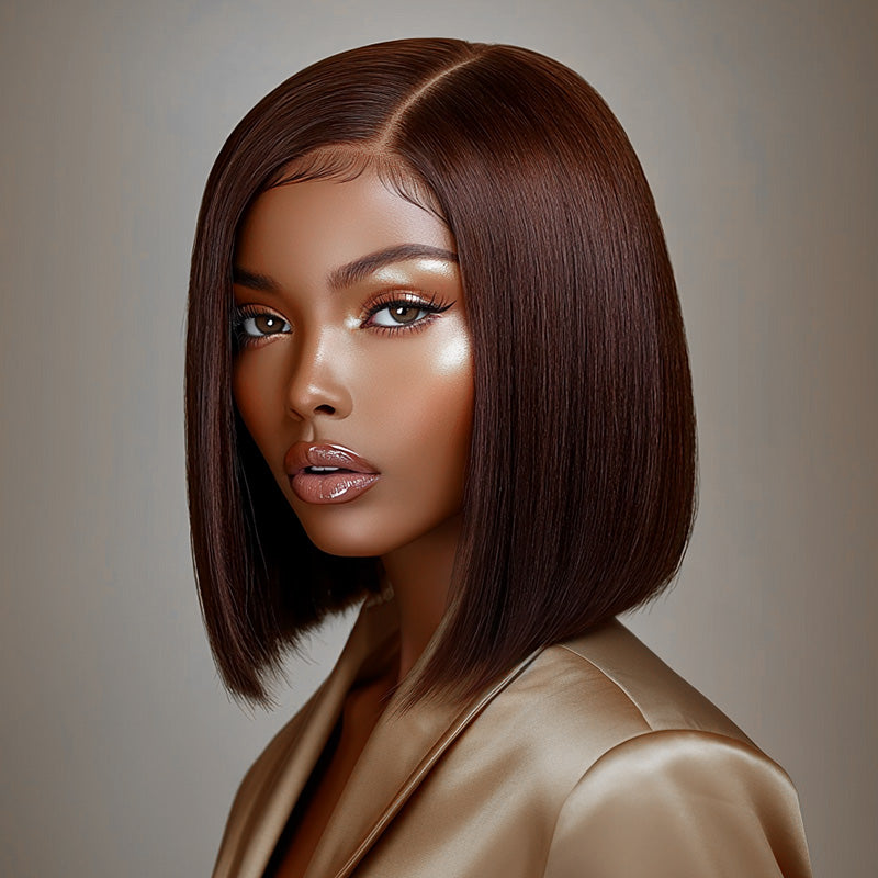 Soul Lady Chocolate Brown Side C-Part Straight Bob 5x5 HD Lace Closure Glueless Wigs 100% Real Human Hair-model-show