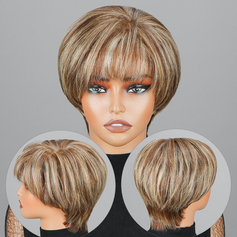 Soul Lady Go To Style Pixie Cut Wig | Brown Mixed Blonde Highlights Short Layered Straight Human Hair 7x6 HD Lace Wig With Bangs-all sides- show