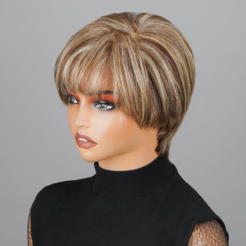 Soul Lady Go To Style Pixie Cut Wig | Brown Mixed Blonde Highlights Short Layered Straight Human Hair 7x6 HD Lace Wig With Bangs