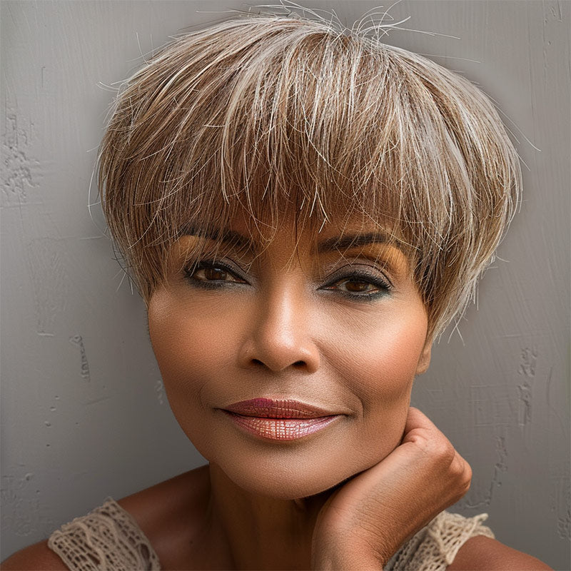 Go To Style Wig | Brown Mixed Blonde Highlights Short Pixie Cut Layered Straight Human Hair 6x7 HD Lace Wig With Bangs for women
