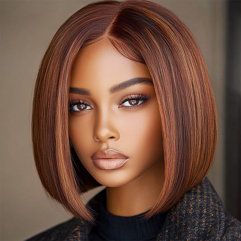 Soul Lady Caramel Brown Balayage Highlight Bob Wig Silky Straight Human Hair 6x4 Pre Cut Lace Glueless Wig for black women