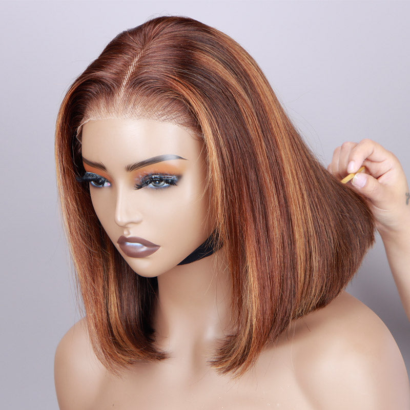 Soul Lady Caramel Brown Balayage Highlight Bob Wig Silky Straight Human Hair 6x4 Pre Cut Lace Glueless Wig
