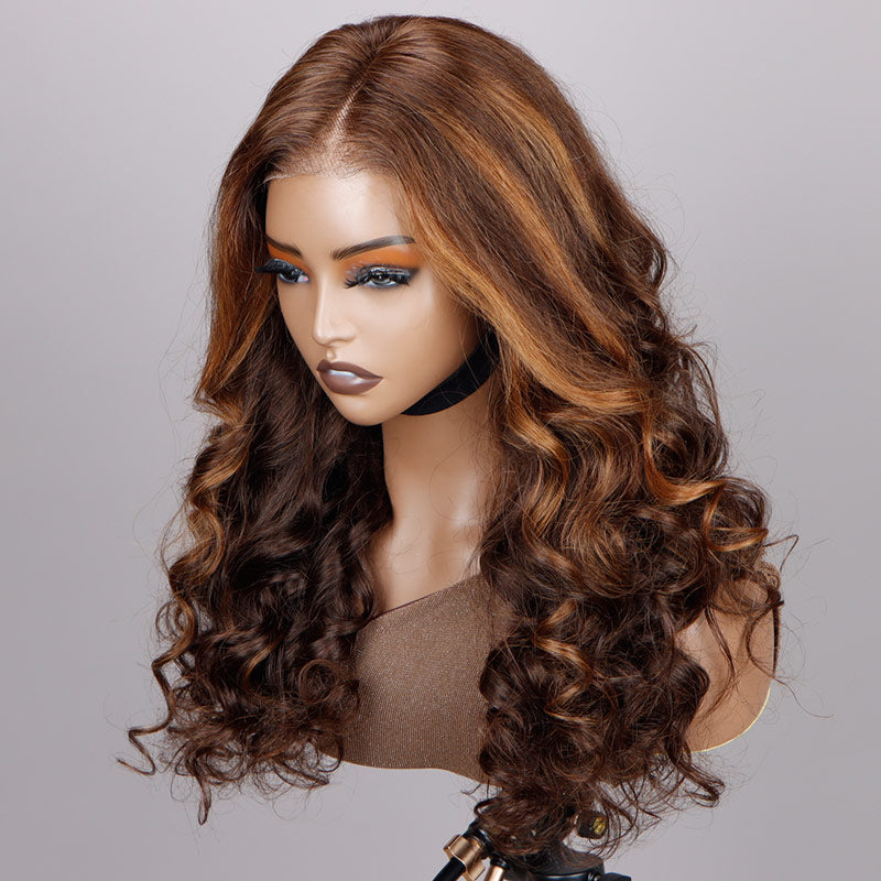 Soul Lady Caramel Brown Balayage Highlights On Brown Wig Loose Wave Human Hair 6x4 Pre Cut Lace Glueless Wig