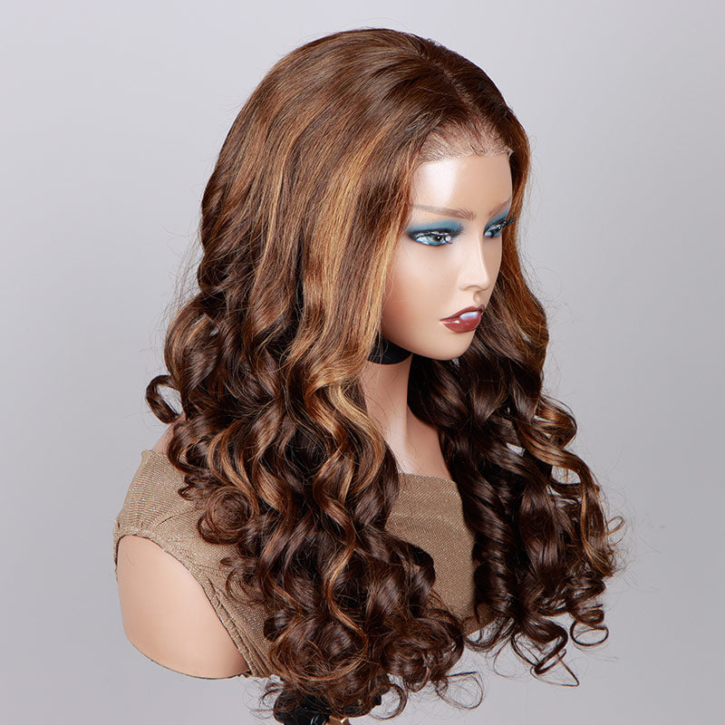 Soul Lady Caramel Brown Balayage Highlights On Brown Wig Loose Wave Human Hair 6x4 Pre Cut Lace Glueless Wig-side show