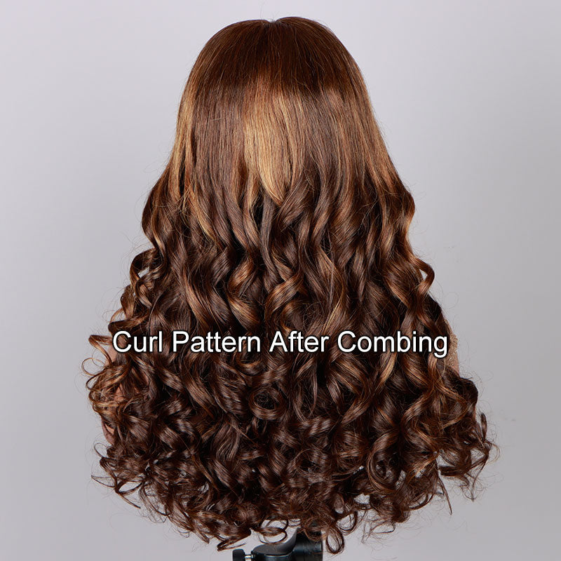 Soul Lady Caramel Brown Balayage Highlights On Brown Wig Loose Wave Human Hair 6x4 Pre Cut Lace Glueless Wig-back curl show