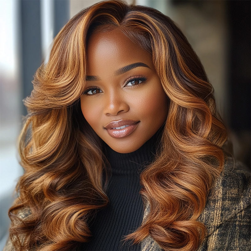 Soul Lady Caramel Brown Balayage Highlights On Brown Wig Loose Wave Human Hair 6x4 Pre Cut Lace Glueless Wig