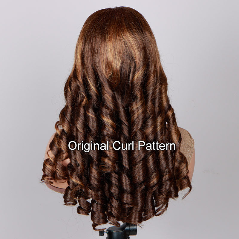 Soul Lady Caramel Brown Balayage Highlights On Brown Wig Loose Wave Human Hair 6x4 Pre Cut Lace Glueless Wig-back show