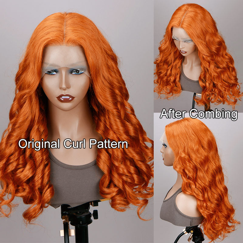 SoulLady Ginger Orange Wig Body Wave Human Hair 13x4 HD Lace Full Frontal Wig With Perfect Bleached Knots-curl pattern show