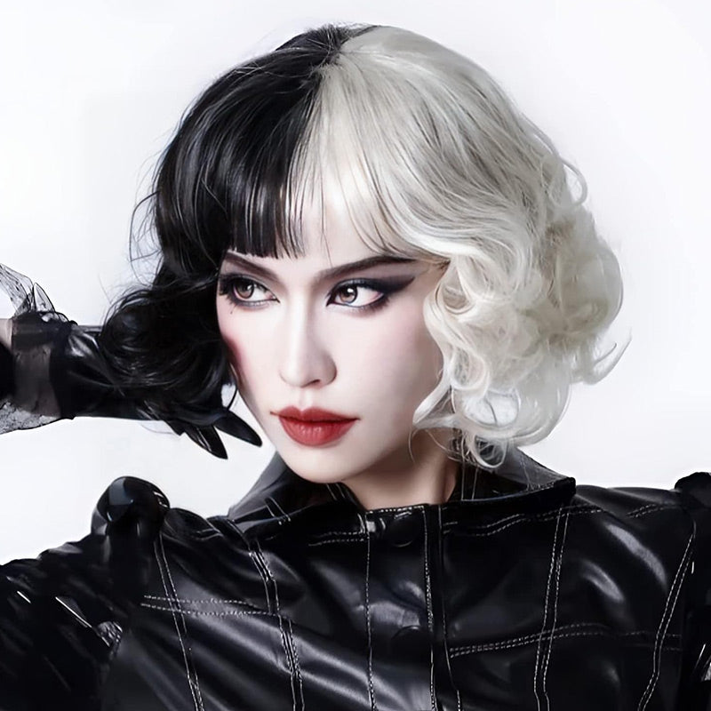 Soul Lady Halloween Costume Wig Black And White Color Bob Wig With Bangs Loose Wave Hair Wear and Go Wigs