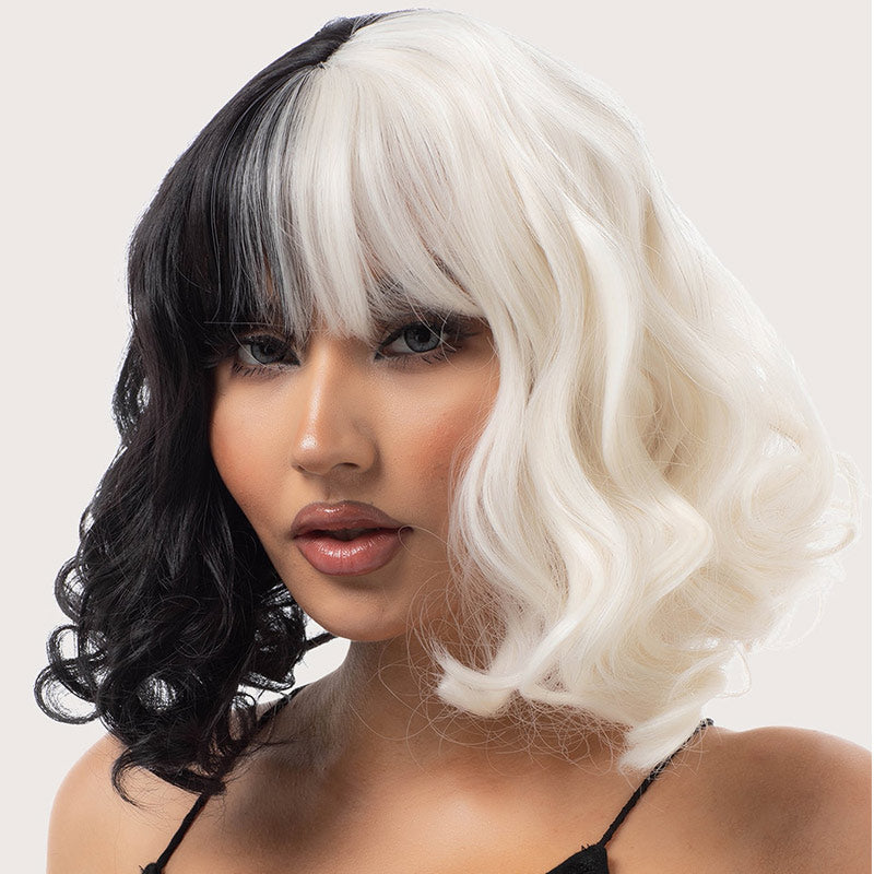 Soul Lady Halloween Costume Wig Black And White Color Bob Wig With Bangs Loose Wave Hair Wear and Go Wigs-model