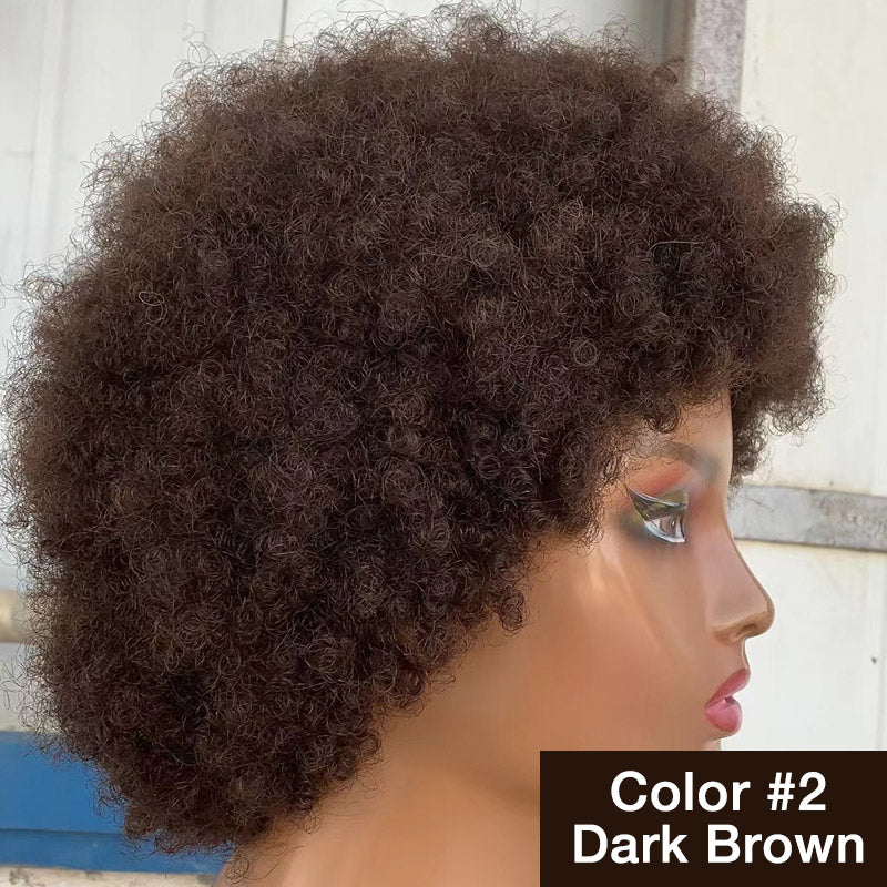 Boom Afro 4C Curly Wigs Real Human Hair Non-Lace Glueless Wear and Go Wigs dark brown-side show