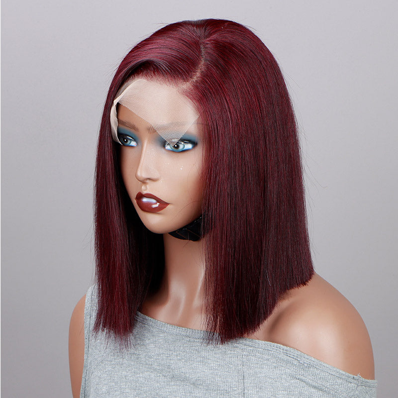 Soul Lady Dark Burgundy Blunt Cut Bob Silky Straight Human Hair 5x5 HD Lace Closure Wigs 99J Color Side Part