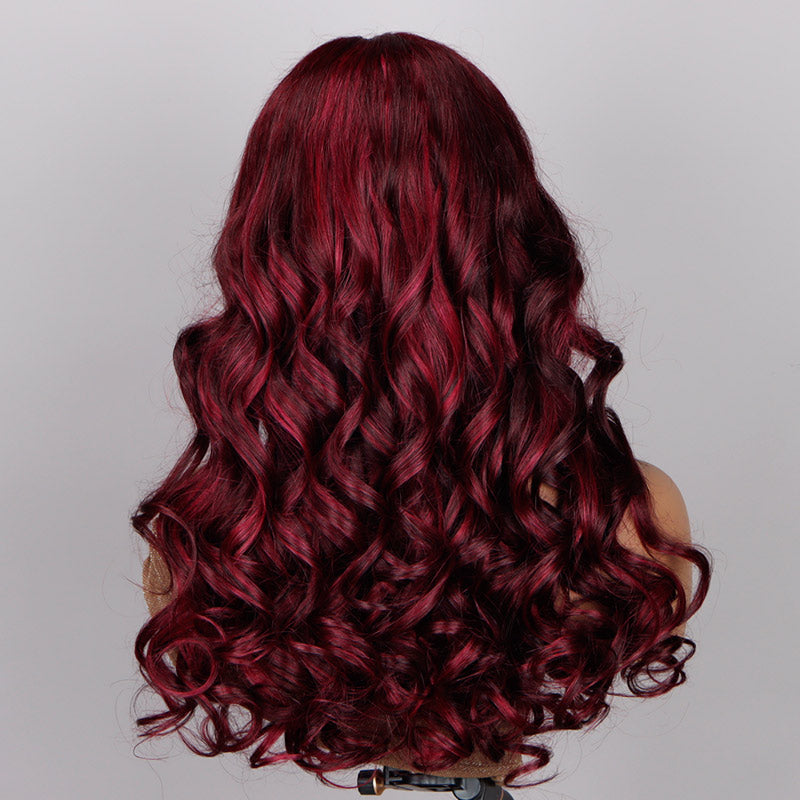 Soul Lady Dark Burgundy Highlights Long Body Wave Human Hair 6x4 Pre Cut HD Lace Glueless Wigs-back show