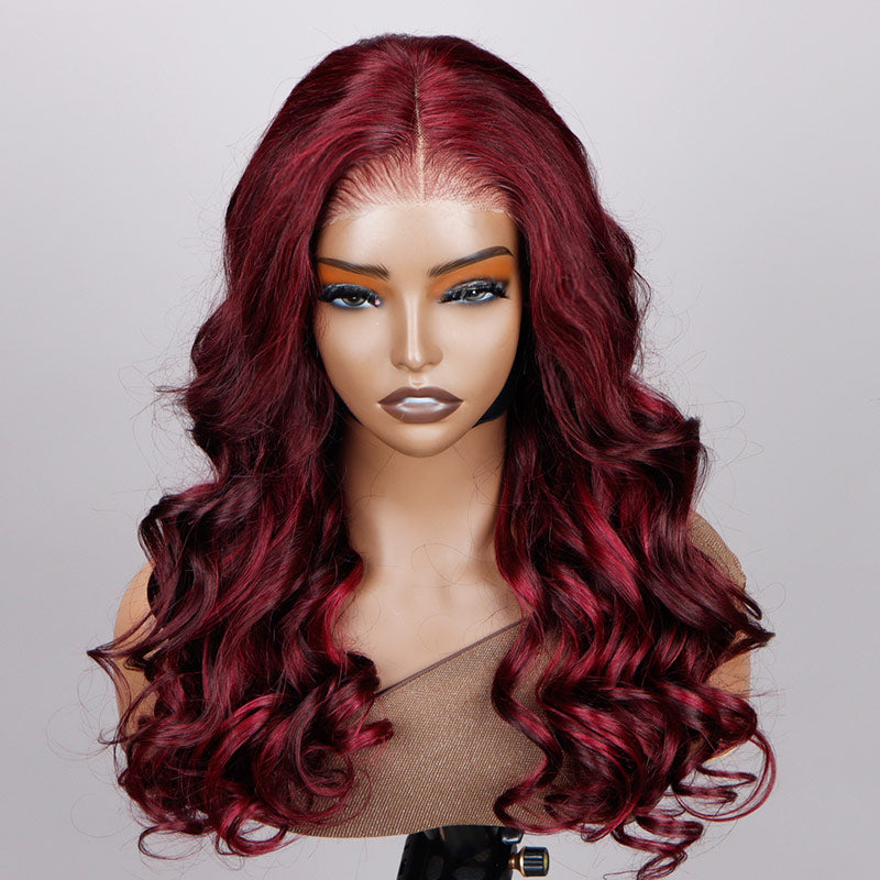 Soul Lady Dark Burgundy Highlights Long Loose Wave Human Hair 6x4 Pre Cut HD Lace Glueless Wigs-front