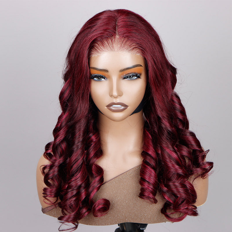Soul Lady Dark Burgundy Highlights Long Loose Wave Human Hair 6x4 Pre Cut HD Lace Glueless Wigs