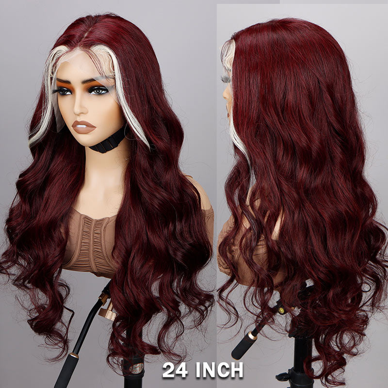 Soul Lady Burgundy With Blonde Highlights Skunk Stripe Wig Body Wave Human Hair 13x4 HD Lace Full Frontal Wig With Pre Plucked Hailrine