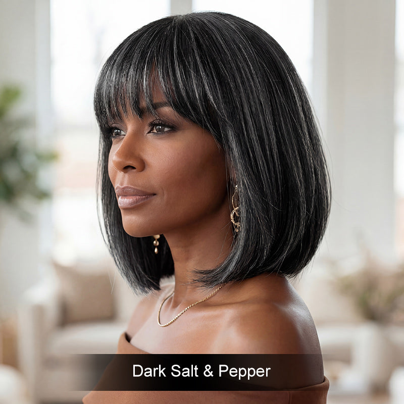 Salt and Pepper Human Hair Bob Wig with Bangs Glueless Straight Short 10 Inch Salt and Pepper Short Bob Wig Silver Straight Human Hair  main image 3