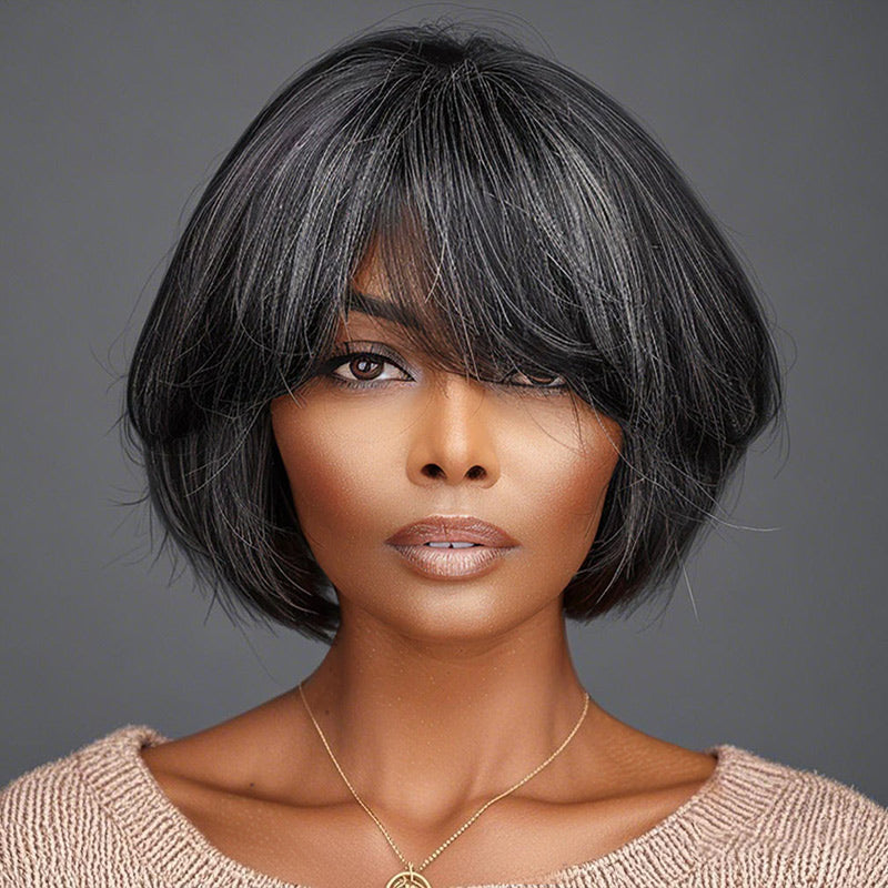 Trendy Dark Salt and Pepper Natural Straight Wavy Bob Wear Go Glueless Human Hair Wigs With Bangs For Women Over 50-SOUL LADY WIGS