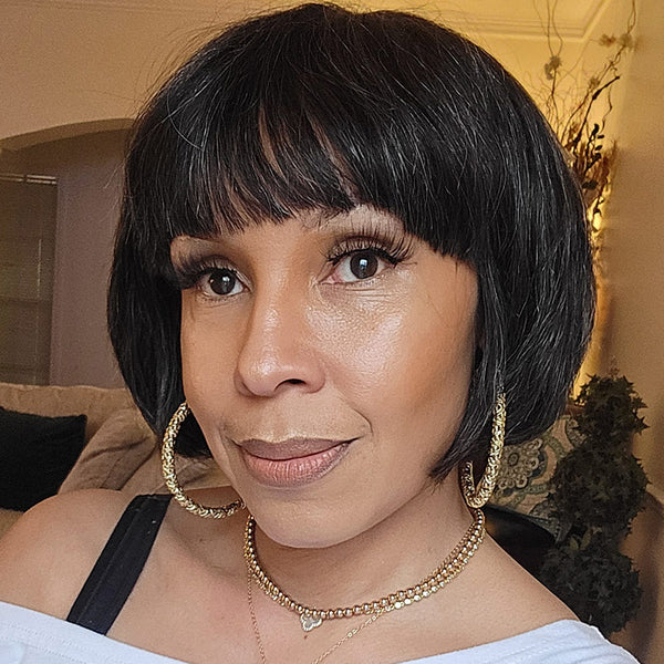 Trendy Salt & Pepper Natural Straight Wavy Bob Wear Go Glueless Human Hair Wigs With Bangs For Women Over 50-model MsPJ's Place