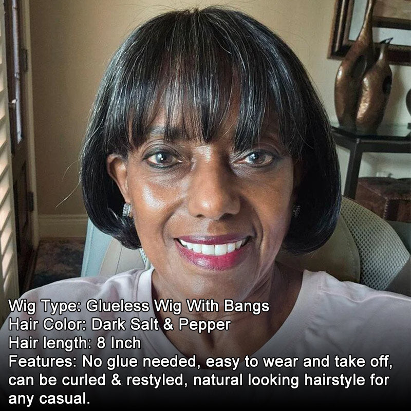 Soul Lady wigs | Trendy Salt & Pepper Natural Straight Wavy Bob Wear Go Glueless Human Hair Wigs With Bangs For Mature Women| dark gray wigs for stylish women