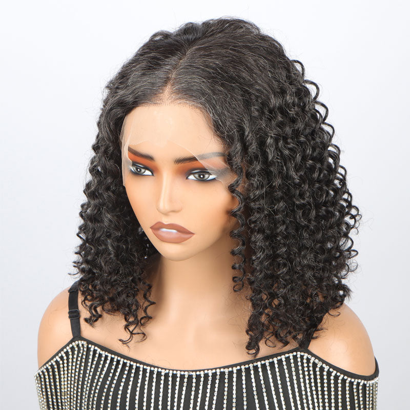 Freestyle Full Lace Wigs Dark Salt & Pepper Silky Jerry Curly Lob Human Hair Bob Part Anywhere High Breathable Cap Wig