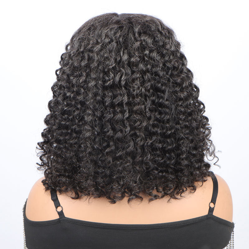 Freestyle Full Lace Wigs Dark Salt & Pepper Silky Jerry Curly Lob Human Hair Bob Part Anywhere High Breathable Cap Wig