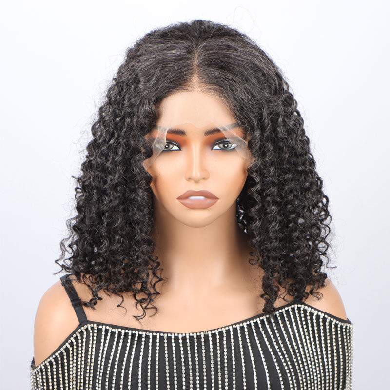 Freestyle Full Lace Wigs Dark Salt & Pepper Silky Jerry Curly Lob Human Hair Bob Part Anywhere High Breathable Cap Wig