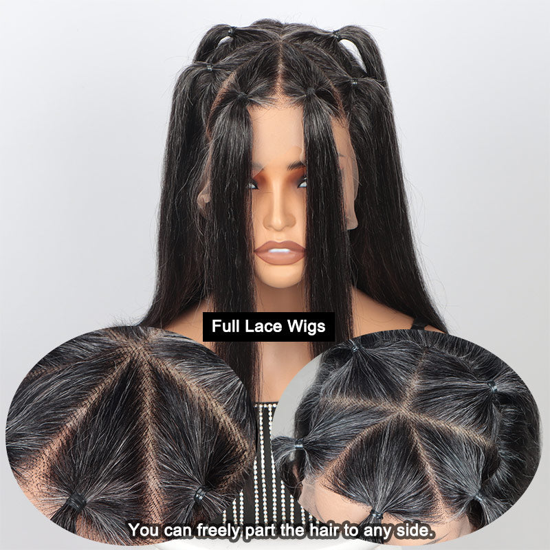 Full Lace Part Anywhere Classic Silky Straight Lob Dark Salt & Pepper Human Hair Bob HD Full Lace Wig For Women Over 50-details