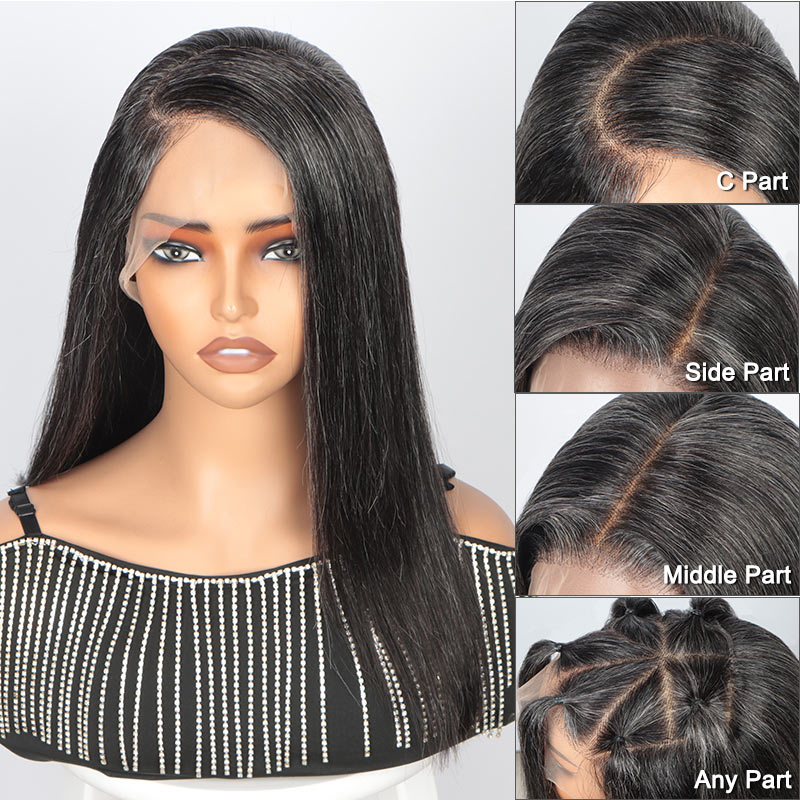 Full Lace Part Anywhere Classic Silky Straight Lob Dark Salt & Pepper Human Hair Bob HD Full Lace Wig For Women Over 50