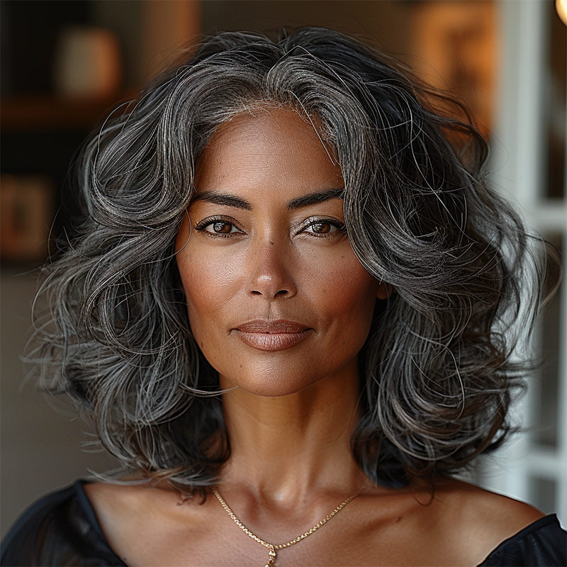 Salt and Pepper Body Wave Human Hair Wigs Shoulder Length Glueless