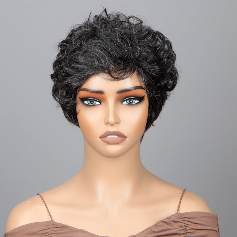 Short Dark Salt & Pepper Water Wave Edgy Pixie Cuts Wig Glueless Human ...