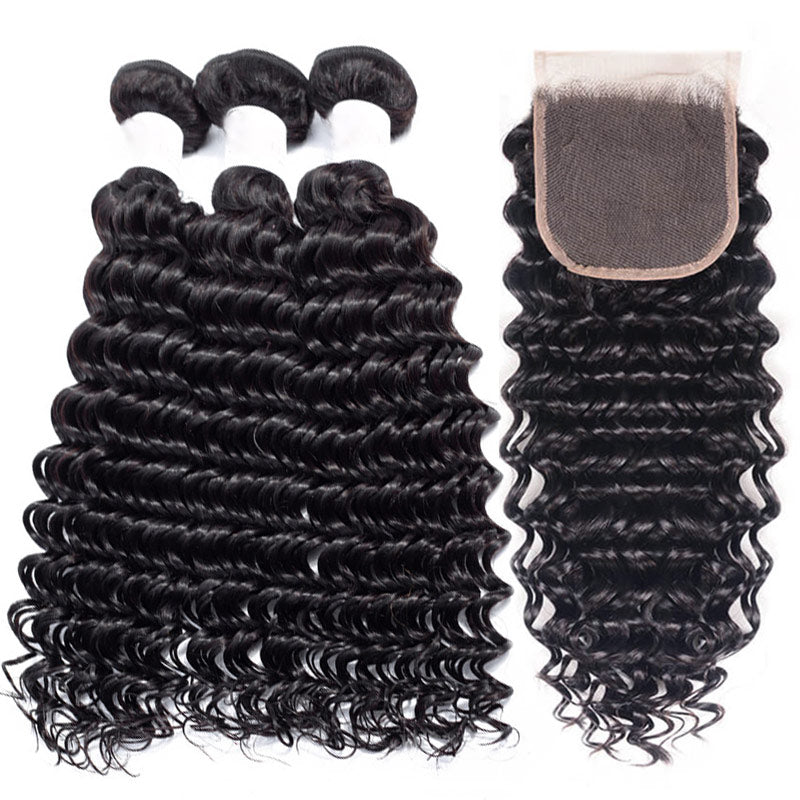 Soul Lady Top Grade Deep Wave Hair 3 Bundles With 4x4 Lace Closure Brazilian Human Hair Weave