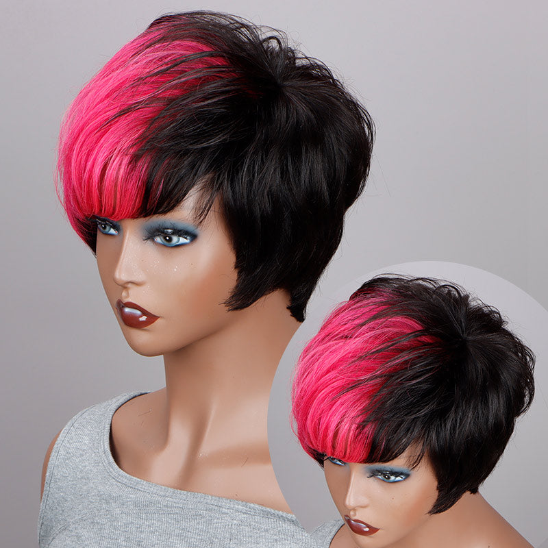 Custom Wig Two-Toned Pixie Haircut With Pink Layers Human Hair Wear And Go Glueless Non-Lace Wig-side show