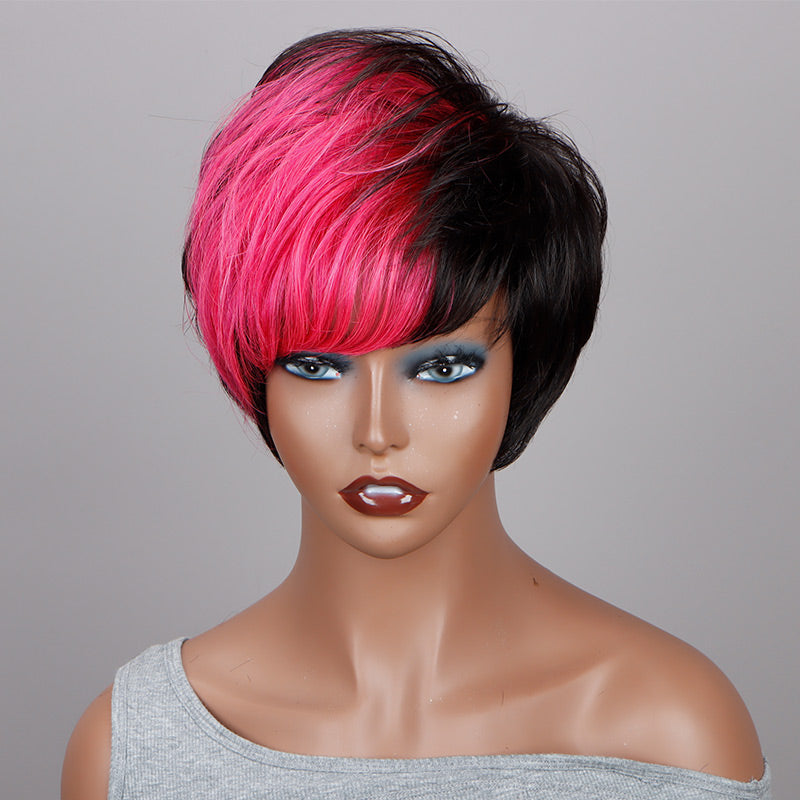 Custom Wig Two-Toned Pixie Haircut With Pink Layers Human Hair Wear And Go Glueless Non-Lace Wig