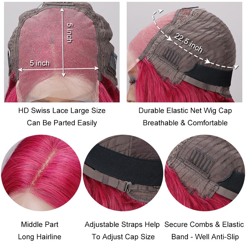 Soul Lady Magenta Hair Lob Silky Straight Human Hair 5x5 HD Lace Closure Bob Wigs Middle Part-cap details