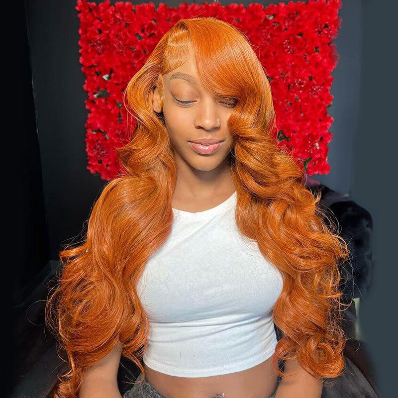 - Human hair blend ginger orange curly wave wig Long Orange Ginger Human Hair Body Wave Lace Wigs – Modern  main image 3