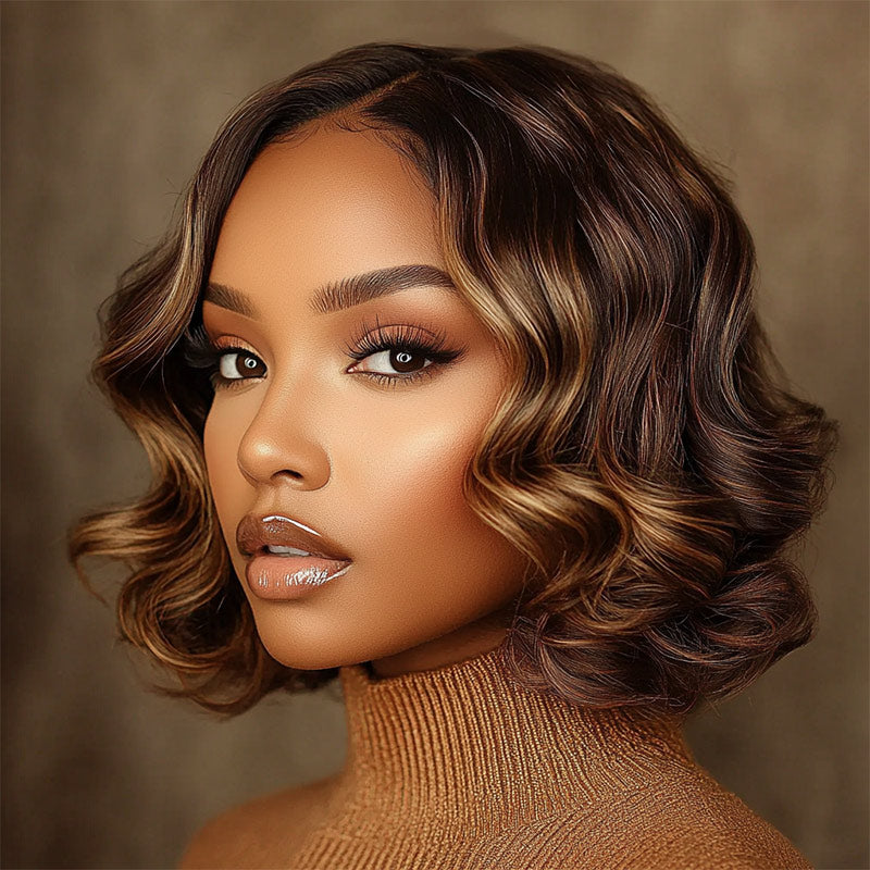 Soul Lady Trendy Brown Hair With Golden Blonde Highlights Loose Wave Bob 4x4 Lace Glueless Human Hair Wigs-model show