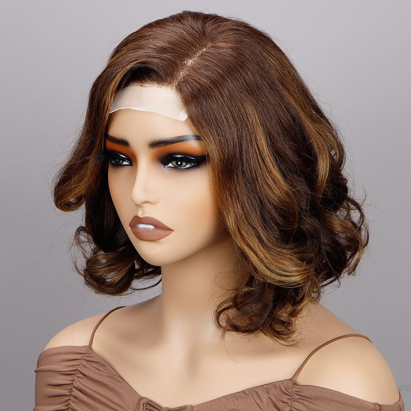 Soul Lady Trendy Brown Hair With Golden Blonde Highlights Loose Wave Bob 4x4 Lace Glueless Human Hair Wigs