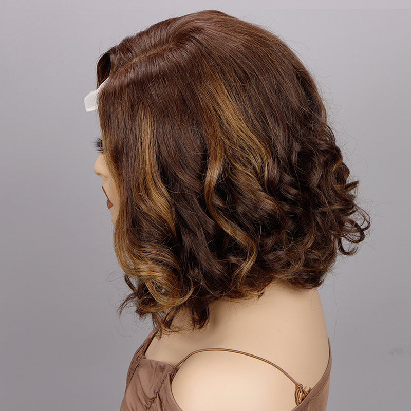Soul Lady Brown Hair With Golden Blonde Highlights Loose Wave Bob 4x4 Lace Glueless Human Hair Wigs Side Part