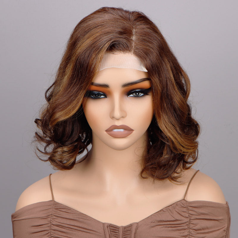 Soul Lady Brown Hair With Golden Blonde Highlights Loose Wave Bob 4x4 Lace Glueless Human Hair Wigs Side Part