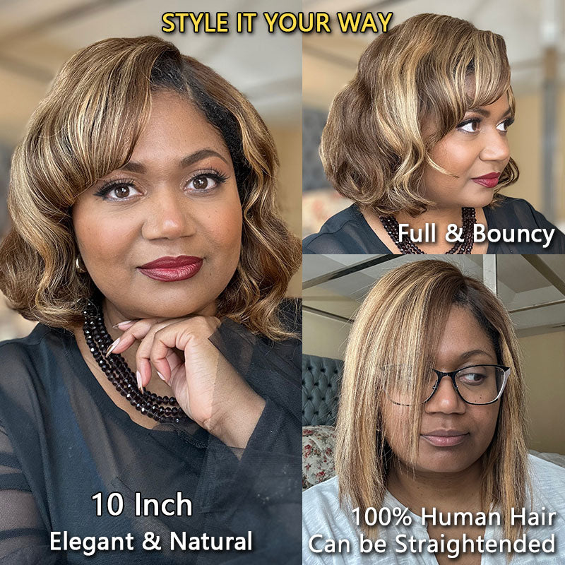 Trendy Brown Hair With Golden Blonde Highlights Loose Wave Bob 4x4 Lace Glueless Human Hair Wigs -model-show-habibatunaumd-different hairstyles