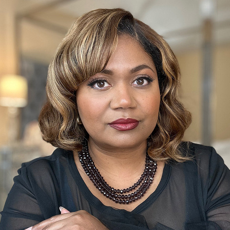 Trendy Brown Hair With Golden Blonde Highlights Loose Wave Bob 4x4 Lace Glueless Human Hair Wigs -model-show-habibatunaumd