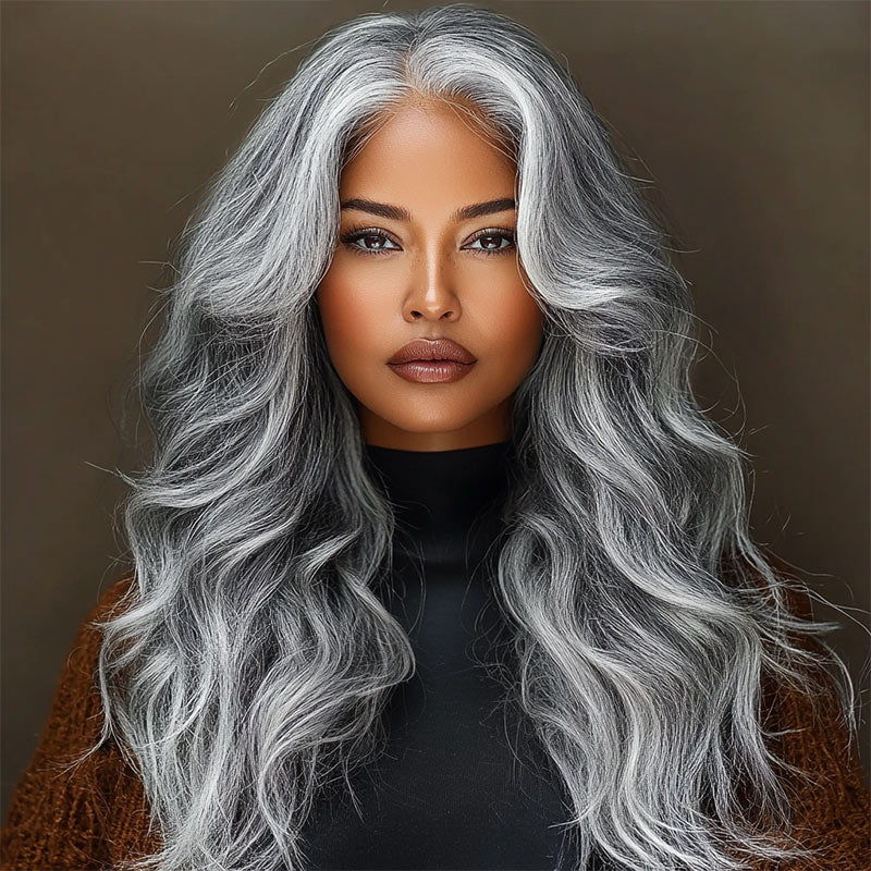 Soul Lady Attractive Silver Black Highlights Salt And Pepper Wig Real Human Hair Body Wave 5x5 HD Lace Wigs-model show