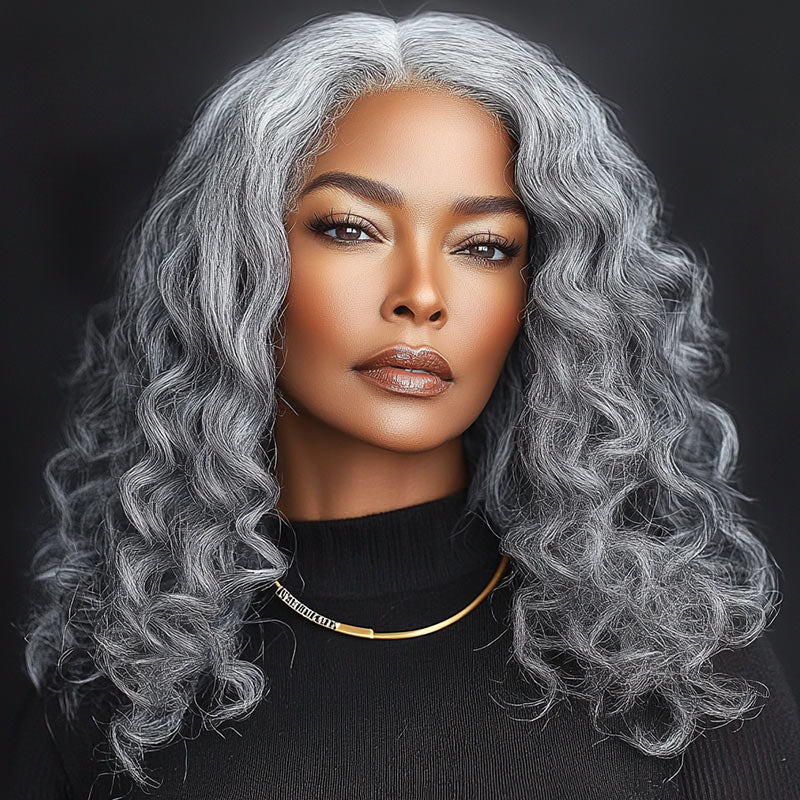 Soul Lady Elegant Silver Gray 13x4.5 Full Frontal Lace Wig Loose Curly Human Hair Salt And Pepper Wig For Women over 50