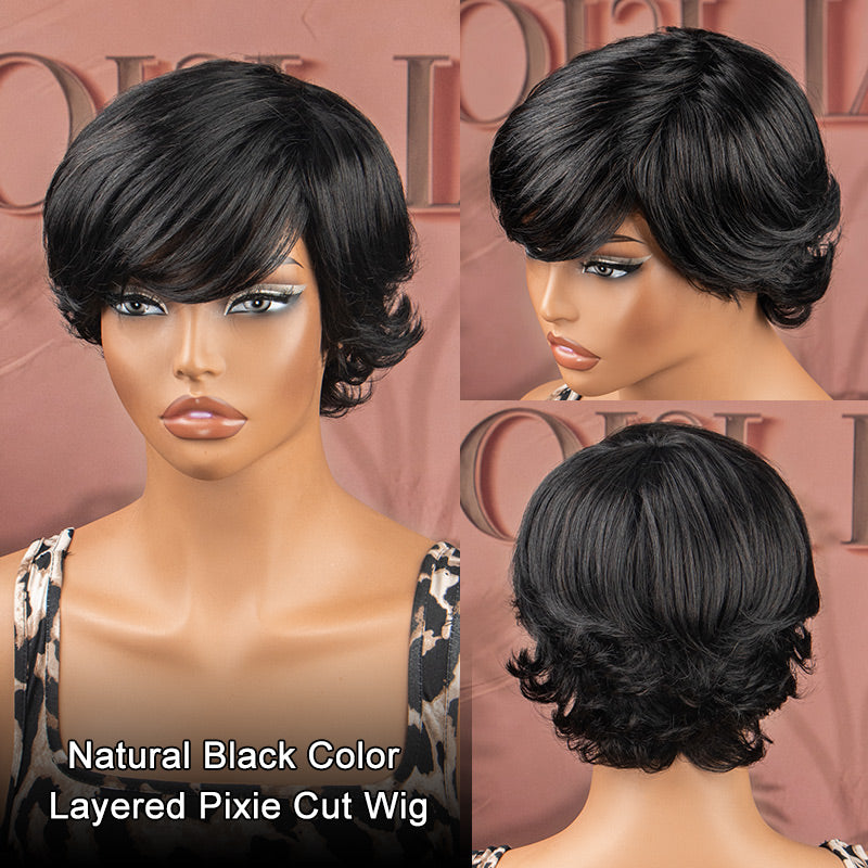 soul lady wigs Summer Trend | naturalblack color Short Pixie Cut Glueless Human Hair Gray Wig With Retro Flip -right left- back show