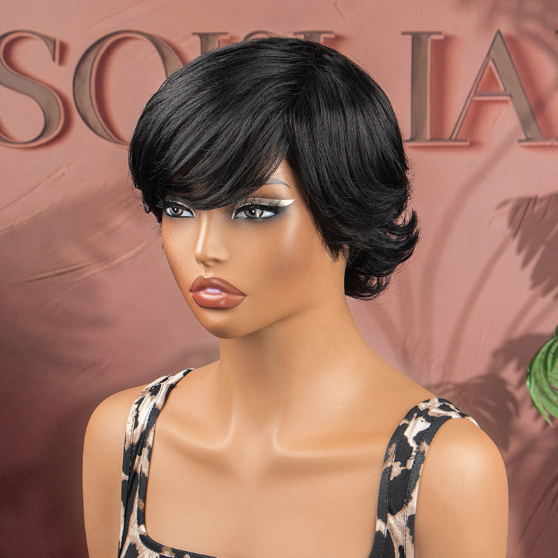 soul lady wigs Summer Trend | naturalblack color Short Pixie Cut Glueless Human Hair Gray Wig With Retro Flip -right front show