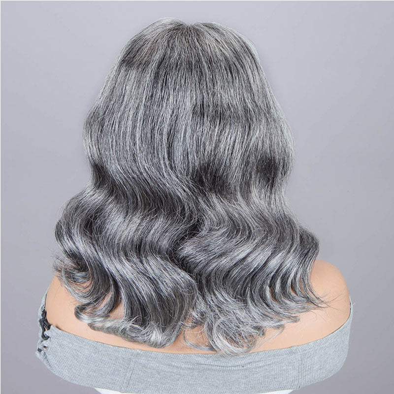 Soul Lady Silver Chic Gray Wig Natural Wavy Human Hair Salt & Pepper Color 5x5 HD Lace Wigs For Women-back show